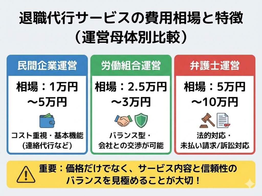 退職代行サービスの運営母体別(民間企業、労働組合、弁護士)の費用相場と主な特徴を比較し、価格とサービス内容のバランスの重要性を説く図