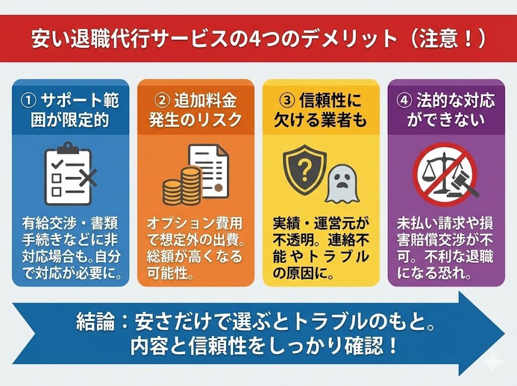 安い退職代行サービスの4つのデメリット(サポート範囲限定、追加料金発生、信頼性欠如、法的対応不可)を警告とともにまとめたインフォグラフィック図