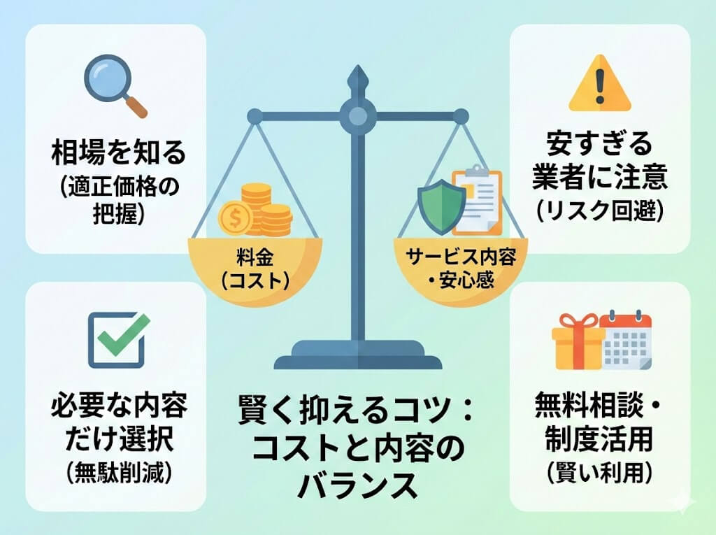 退職代行の料金を賢く抑えるコツを図解。コストと内容のバランスを重視し、相場の把握、安すぎる業者への注意、必要な内容の選択、制度活用が重要である