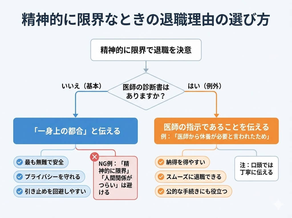 精神的に限界で退職する際の理由の選び方を示したフローチャート図。基本は「一身上の都合」と伝え、医師の診断書がある場合に限り正直に伝えるという判断基準を解説