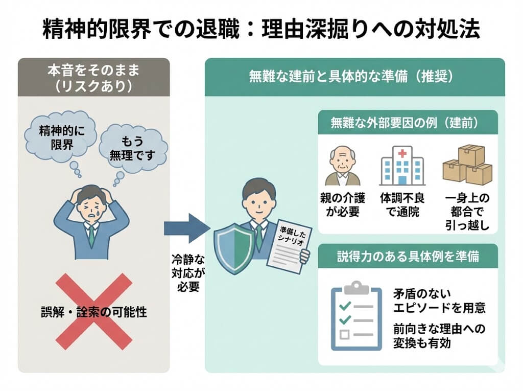 精神的限界で退職理由を深掘りされた際の対処法図解。本音をそのまま伝えるリスクを避け、親の介護や体調不良などの無難な外部要因を建前とし、具体的なシナリオを準備して冷静に対応するポイントを整理。