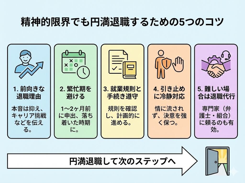 精神的に限界な状況でも円満退職するための5つのコツ(前向きな理由、繁忙期回避、就業規則遵守、冷静な引き止め対応、退職代行利用)をまとめた図