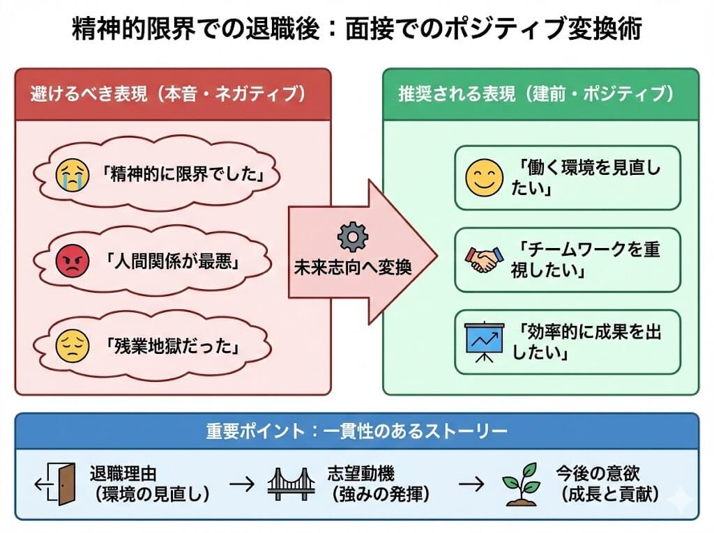 精神的に限界で退職した後の面接における、ネガティブな本音からポジティブな表現への変換例と、未来志向のストーリー構成のポイントをまとめた図
