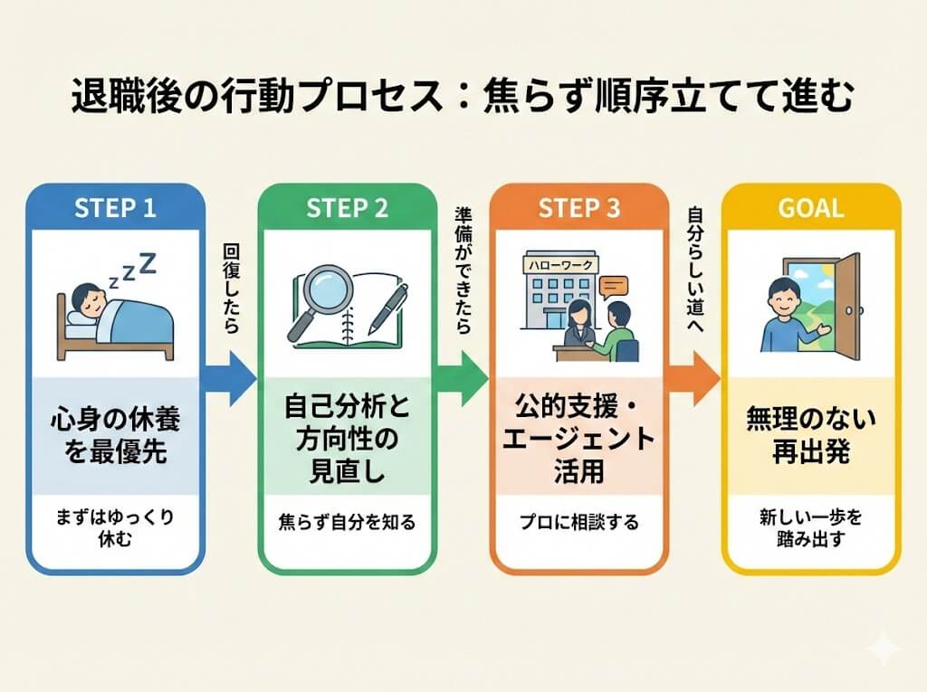 退職後の行動プロセス図解。心身の休養を最優先し、回復後に自己分析、公的支援の活用を経て、無理のない再出発を目指す流れ
