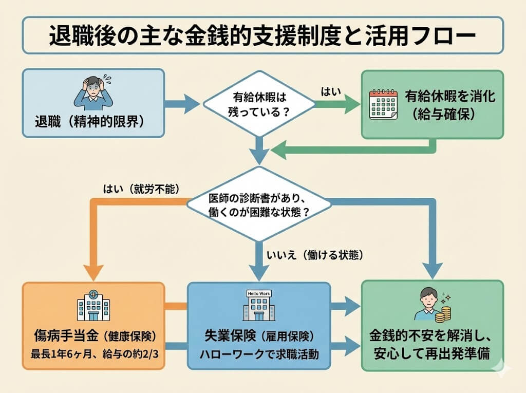 退職後の金銭的支援制度(有給休暇、傷病手当金、失業保険)の活用フロー図。医師の診断書の有無による分岐を示している。