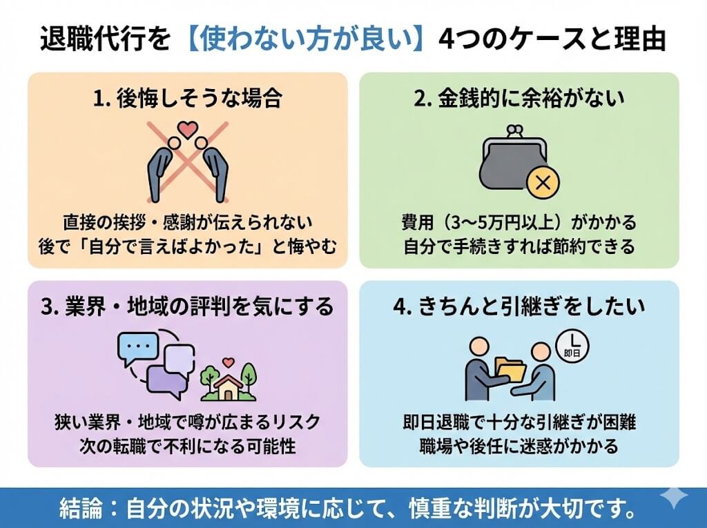 退職代行の利用が適さない4つの状況(後悔のリスク、金銭的余裕、業界内の評判、引継ぎの必要性)とそれぞれの理由を整理した図解